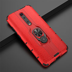 Silicone Matte Finish and Plastic Back Cover Case with Magnetic Finger Ring Stand R07 for Xiaomi Mi 9T Pro Red