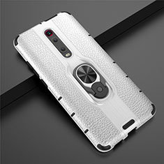 Silicone Matte Finish and Plastic Back Cover Case with Magnetic Finger Ring Stand R07 for Xiaomi Redmi K20 Pro Silver
