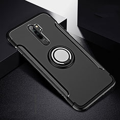 Silicone Matte Finish and Plastic Back Cover Case with Magnetic Finger Ring Stand R08 for Xiaomi Redmi Note 8 Pro Black