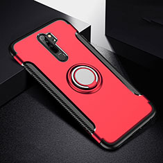 Silicone Matte Finish and Plastic Back Cover Case with Magnetic Finger Ring Stand R08 for Xiaomi Redmi Note 8 Pro Red