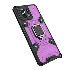 Silicone Matte Finish and Plastic Back Cover Case with Magnetic Finger Ring Stand R10 for Xiaomi Mi 11 Lite 4G Purple