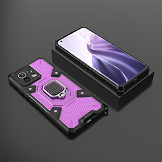 Silicone Matte Finish and Plastic Back Cover Case with Magnetic Finger Ring Stand R11 for Xiaomi Mi 11 Lite 4G Purple