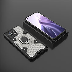 Silicone Matte Finish and Plastic Back Cover Case with Magnetic Finger Ring Stand R11 for Xiaomi Mi 11 Lite 5G Gray
