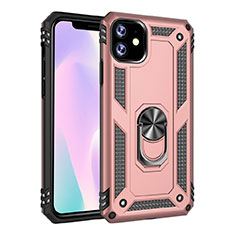 Silicone Matte Finish and Plastic Back Cover Case with Magnetic Finger Ring Stand S01 for Apple iPhone 11 Rose Gold