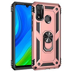 Silicone Matte Finish and Plastic Back Cover Case with Magnetic Finger Ring Stand S01 for Huawei P Smart (2020) Rose Gold