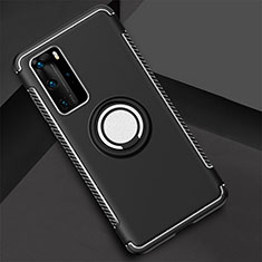 Silicone Matte Finish and Plastic Back Cover Case with Magnetic Finger Ring Stand S01 for Huawei P40 Pro Black