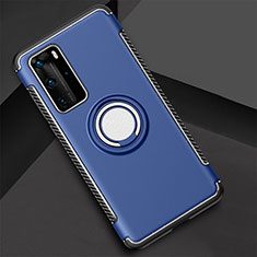Silicone Matte Finish and Plastic Back Cover Case with Magnetic Finger Ring Stand S01 for Huawei P40 Pro Blue