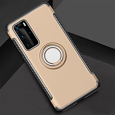 Silicone Matte Finish and Plastic Back Cover Case with Magnetic Finger Ring Stand S01 for Huawei P40 Pro Gold