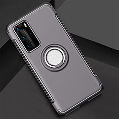 Silicone Matte Finish and Plastic Back Cover Case with Magnetic Finger Ring Stand S01 for Huawei P40 Pro Gray