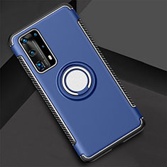 Silicone Matte Finish and Plastic Back Cover Case with Magnetic Finger Ring Stand S01 for Huawei P40 Pro+ Plus Blue