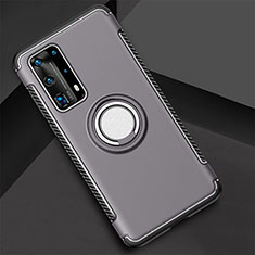 Silicone Matte Finish and Plastic Back Cover Case with Magnetic Finger Ring Stand S01 for Huawei P40 Pro+ Plus Gray