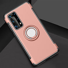 Silicone Matte Finish and Plastic Back Cover Case with Magnetic Finger Ring Stand S01 for Huawei P40 Pro+ Plus Rose Gold