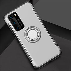 Silicone Matte Finish and Plastic Back Cover Case with Magnetic Finger Ring Stand S01 for Huawei P40 Silver