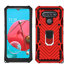 Silicone Matte Finish and Plastic Back Cover Case with Magnetic Finger Ring Stand S01 for LG K51 Red