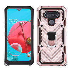 Silicone Matte Finish and Plastic Back Cover Case with Magnetic Finger Ring Stand S01 for LG K51 Rose Gold