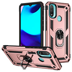 Silicone Matte Finish and Plastic Back Cover Case with Magnetic Finger Ring Stand S01 for Motorola Moto E20 Rose Gold