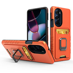 Silicone Matte Finish and Plastic Back Cover Case with Magnetic Finger Ring Stand S01 for Motorola Moto Edge 30 Pro 5G Orange