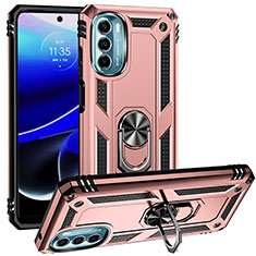Silicone Matte Finish and Plastic Back Cover Case with Magnetic Finger Ring Stand S01 for Motorola Moto G 5G (2022) Rose Gold