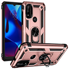 Silicone Matte Finish and Plastic Back Cover Case with Magnetic Finger Ring Stand S01 for Motorola Moto G Pure Rose Gold