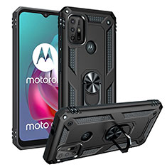 Silicone Matte Finish and Plastic Back Cover Case with Magnetic Finger Ring Stand S01 for Motorola Moto G10 Black