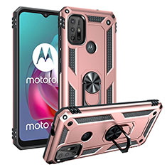 Silicone Matte Finish and Plastic Back Cover Case with Magnetic Finger Ring Stand S01 for Motorola Moto G10 Rose Gold