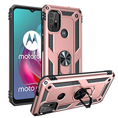 Silicone Matte Finish and Plastic Back Cover Case with Magnetic Finger Ring Stand S01 for Motorola Moto G20 Rose Gold