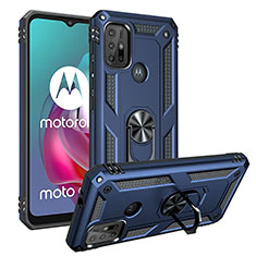 Silicone Matte Finish and Plastic Back Cover Case with Magnetic Finger Ring Stand S01 for Motorola Moto G30 Blue