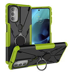 Silicone Matte Finish and Plastic Back Cover Case with Magnetic Finger Ring Stand S01 for Motorola Moto G51 5G Green