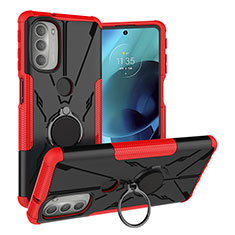Silicone Matte Finish and Plastic Back Cover Case with Magnetic Finger Ring Stand S01 for Motorola Moto G51 5G Red