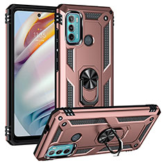 Silicone Matte Finish and Plastic Back Cover Case with Magnetic Finger Ring Stand S01 for Motorola Moto G60 Rose Gold