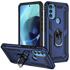 Silicone Matte Finish and Plastic Back Cover Case with Magnetic Finger Ring Stand S01 for Motorola Moto G71 5G Blue