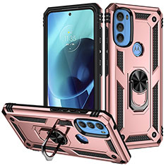 Silicone Matte Finish and Plastic Back Cover Case with Magnetic Finger Ring Stand S01 for Motorola Moto G71 5G Rose Gold