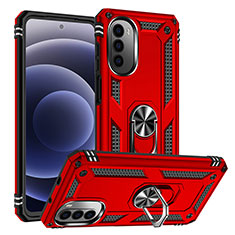 Silicone Matte Finish and Plastic Back Cover Case with Magnetic Finger Ring Stand S01 for Motorola Moto G71s 5G Red