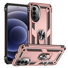Silicone Matte Finish and Plastic Back Cover Case with Magnetic Finger Ring Stand S01 for Motorola Moto G82 5G Rose Gold