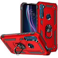 Silicone Matte Finish and Plastic Back Cover Case with Magnetic Finger Ring Stand S01 for Motorola Moto One Fusion Plus Red