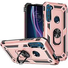 Silicone Matte Finish and Plastic Back Cover Case with Magnetic Finger Ring Stand S01 for Motorola Moto One Fusion Plus Rose Gold