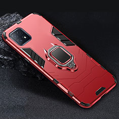 Silicone Matte Finish and Plastic Back Cover Case with Magnetic Finger Ring Stand S01 for Oppo A53 5G Red