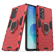 Silicone Matte Finish and Plastic Back Cover Case with Magnetic Finger Ring Stand S01 for Oppo Reno6 Pro 5G India Red