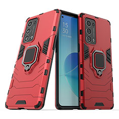 Silicone Matte Finish and Plastic Back Cover Case with Magnetic Finger Ring Stand S01 for Oppo Reno6 Pro 5G Red