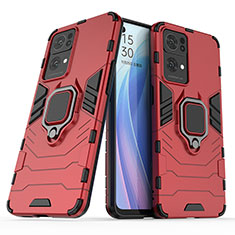 Silicone Matte Finish and Plastic Back Cover Case with Magnetic Finger Ring Stand S01 for Oppo Reno7 Pro 5G Red