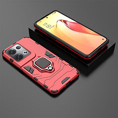 Silicone Matte Finish and Plastic Back Cover Case with Magnetic Finger Ring Stand S01 for Oppo Reno8 Pro 5G Red