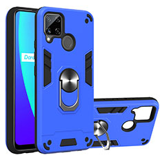 Silicone Matte Finish and Plastic Back Cover Case with Magnetic Finger Ring Stand S01 for Realme C15 Blue