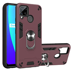 Silicone Matte Finish and Plastic Back Cover Case with Magnetic Finger Ring Stand S01 for Realme C15 Red Wine