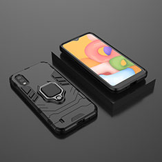 Silicone Matte Finish and Plastic Back Cover Case with Magnetic Finger Ring Stand S01 for Samsung Galaxy A01 SM-A015 Black