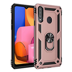 Silicone Matte Finish and Plastic Back Cover Case with Magnetic Finger Ring Stand S01 for Samsung Galaxy A20s Rose Gold