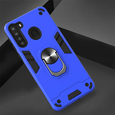 Silicone Matte Finish and Plastic Back Cover Case with Magnetic Finger Ring Stand S01 for Samsung Galaxy A21 Blue