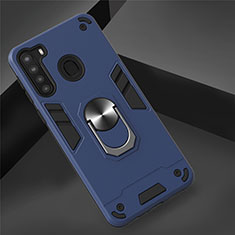 Silicone Matte Finish and Plastic Back Cover Case with Magnetic Finger Ring Stand S01 for Samsung Galaxy A21 Navy Blue