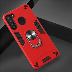 Silicone Matte Finish and Plastic Back Cover Case with Magnetic Finger Ring Stand S01 for Samsung Galaxy A21 Red