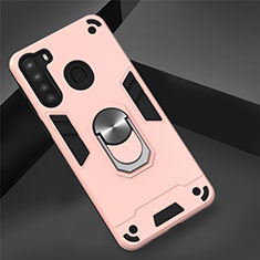 Silicone Matte Finish and Plastic Back Cover Case with Magnetic Finger Ring Stand S01 for Samsung Galaxy A21 Rose Gold