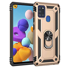 Silicone Matte Finish and Plastic Back Cover Case with Magnetic Finger Ring Stand S01 for Samsung Galaxy A21s Gold
